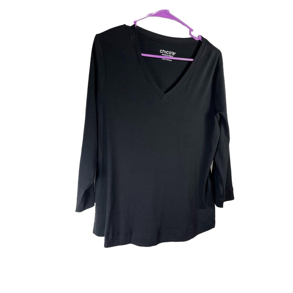 Chicos Black V Neck Tee Sz 2 Large Basic Layering Top